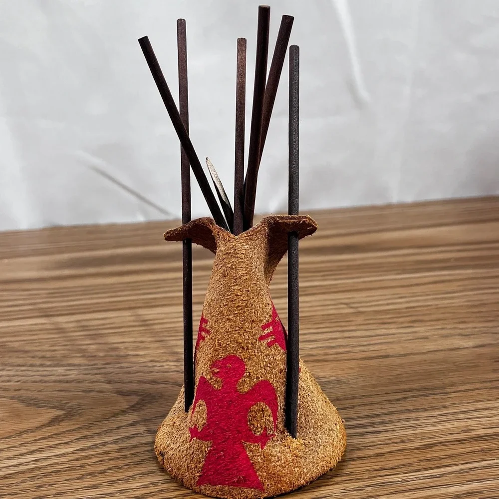 Miniature Teepee Incense Holder Rustic Leather Native American‎ Style Decor